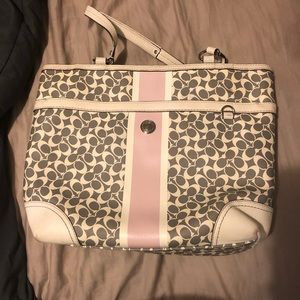 White, Grey, and Pink Coach Purse
